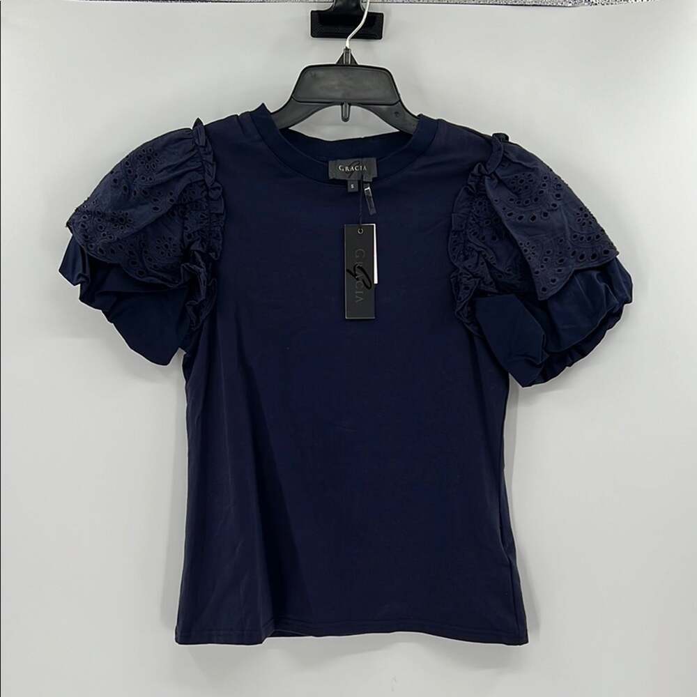 Gracia Women's Embroidered Puff Sleeve Top - Navy - Small - New with tags